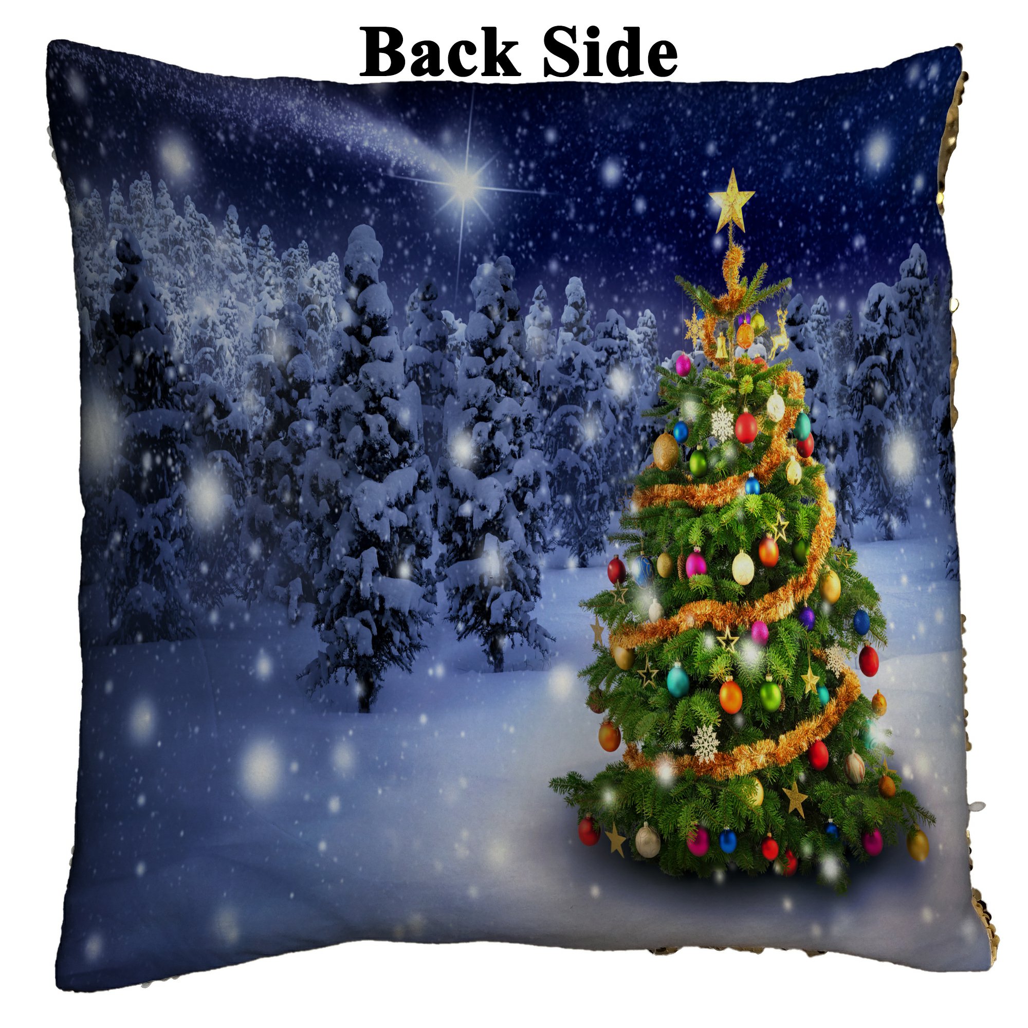 GCKG Snow Tree Scenery Pillowcase, Colorful Merry Christmas Tree with Holiday Presents Reversible Mermaid Sequin Pillow Case Home Decor Cushion Cover 16x16 inches - image 2 of 3