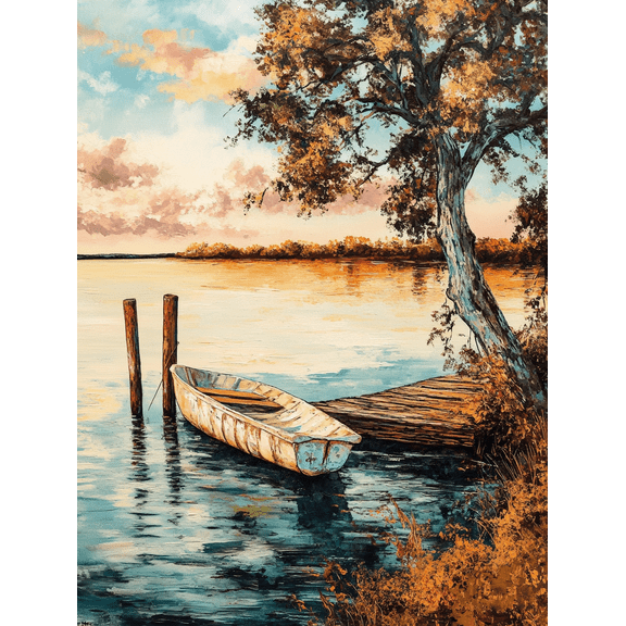 Sunset Lake Boat Canvas Painting, Suitable for Living Room, Bedroom, Office, Dining Room, and Hallway Decoration.