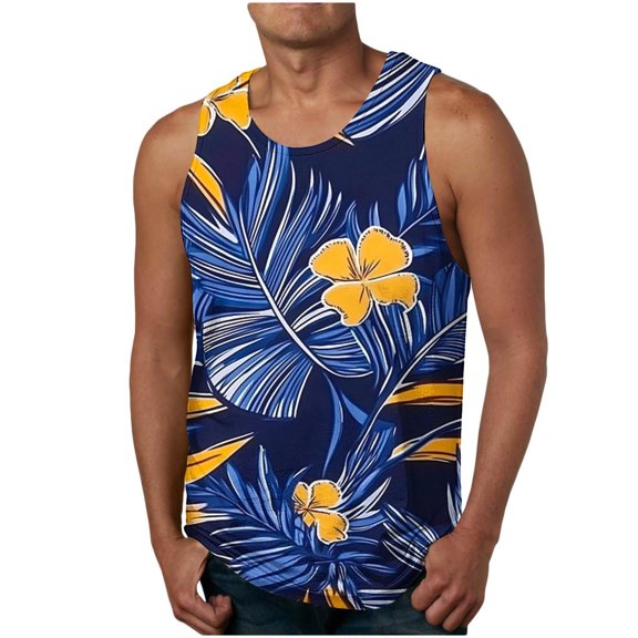 Lovzfmll Men's Casual Hawaiian Print Pullover Sleeveless Round Neck Summer Sports Tank, Soft Loose Vacation Fitness Muscle Tee Blue, 3XL