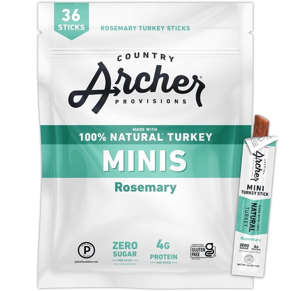 Rosemary Turkey Mini Jerky Sticks by Country Archer, 100% Natural Turkey, Zero Sugar, Gluten Free, High Protein Snacks .5 Ounce, 36 Count