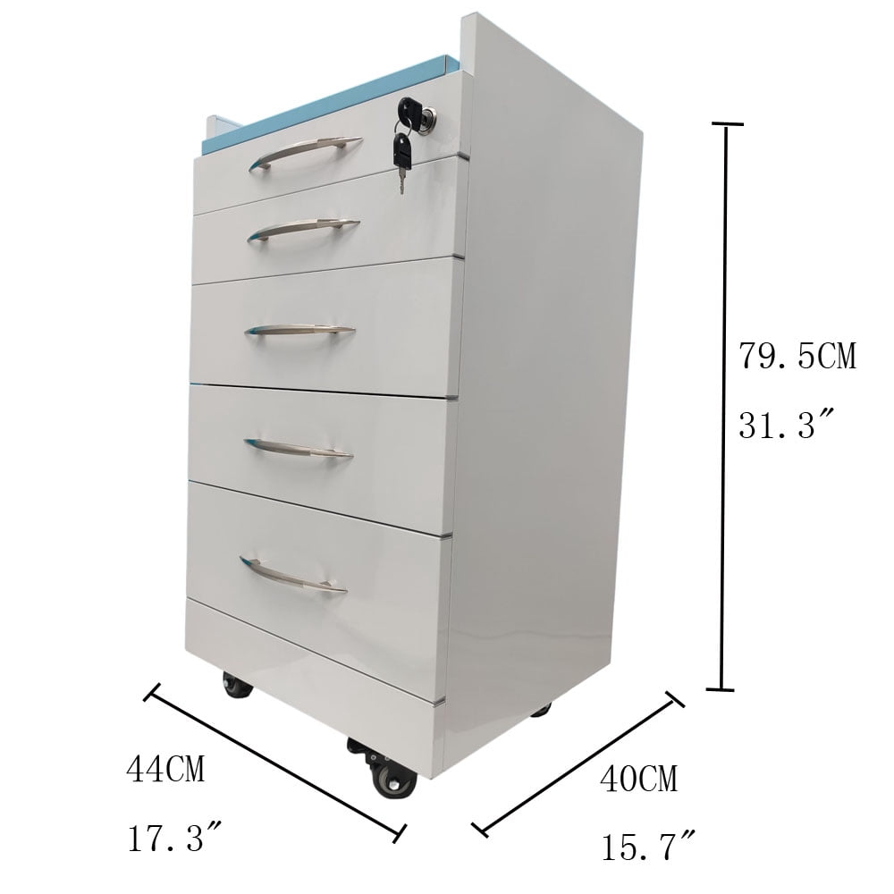 4 Drawers Dental Assistant Mobile Cabinet Office File Storage Cart Lockable Moving Side Cabinet with Lock and 2 Pallets White