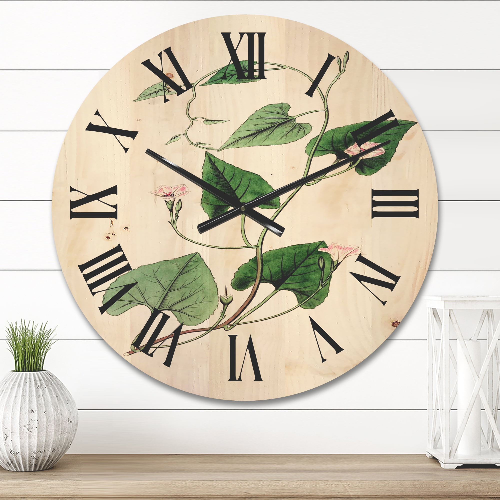 Designart 'Ancient Green Leaves Plants IX' Traditional Wood Wall Clock
