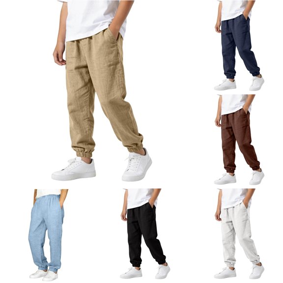 WDDDD Boys Linen Blend Long Pants Elastic Comfortable Autumn Trousers Khaki 9-10 Years