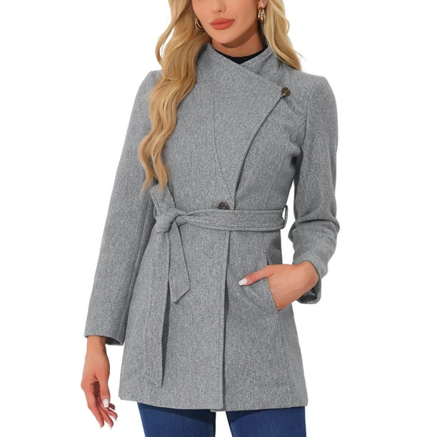 Abrigo largo de invierno con cinturón para mujer, clásico, de cuello alto, de manga larga, XL, gris