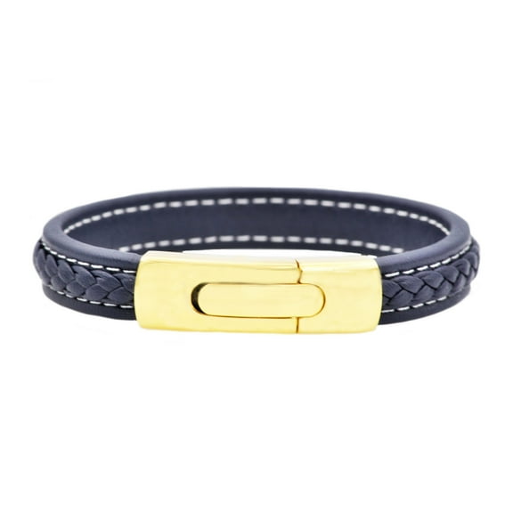 Arista Men's Blue Leather Bracelet in Gold Plated Solid Stainless Steel, 8.5"