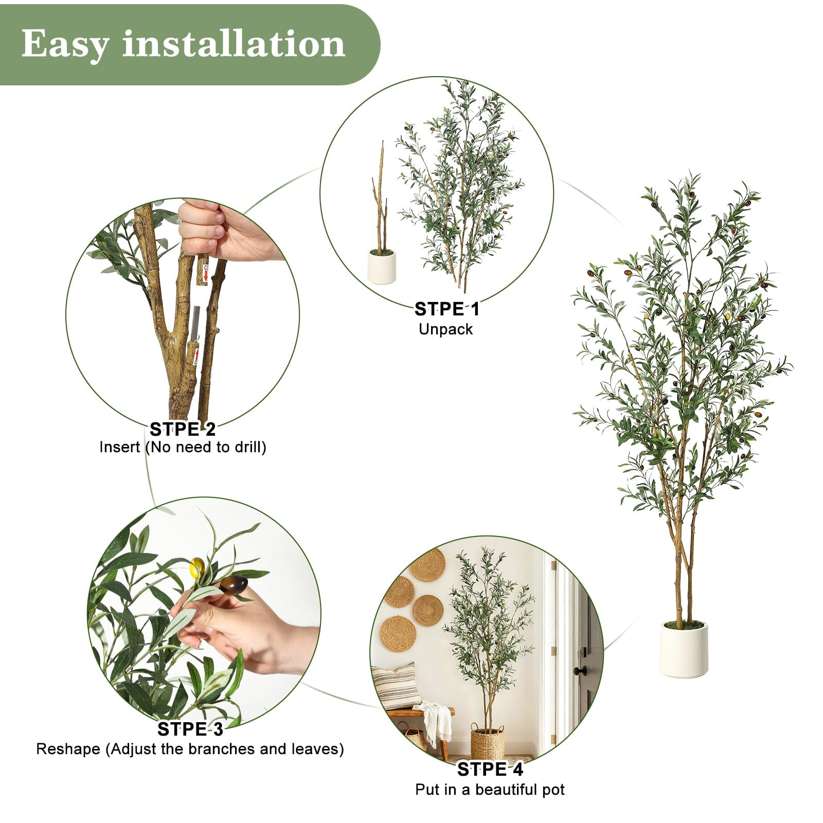 Artificial Olive Tree for Indoor Decor, Faux Olive Plant with Natural Wood Trunk, Planter & Green Moss, Lifelike Fake Tree for Home or Office Display