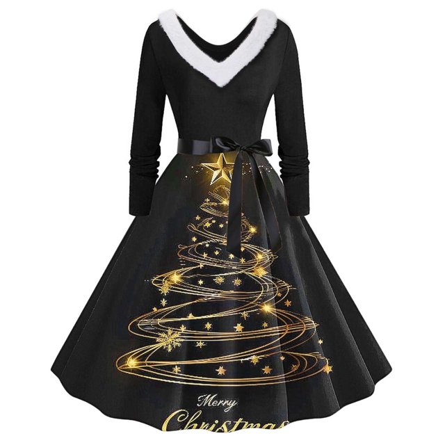 TIMIFIS Robes de Noël pour Femmes, Robes Maxi pour Femmes Robe Vintage de Vacances Manches Longues Col en V en Fourrure Robe Dos Nu