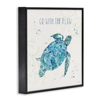 Go with the Flow Quote Turtle Tortoise Blue Green Watercolor Art for Kids Framed Art Print Wall Art, 17x17