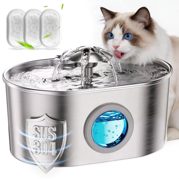 FURCLAN Cat Water Fountain Stainless Steel, 74oz 2.2L Pet Water Dispenser with LED Light, Visible Water Window, 3 Filters for Cats and Pets