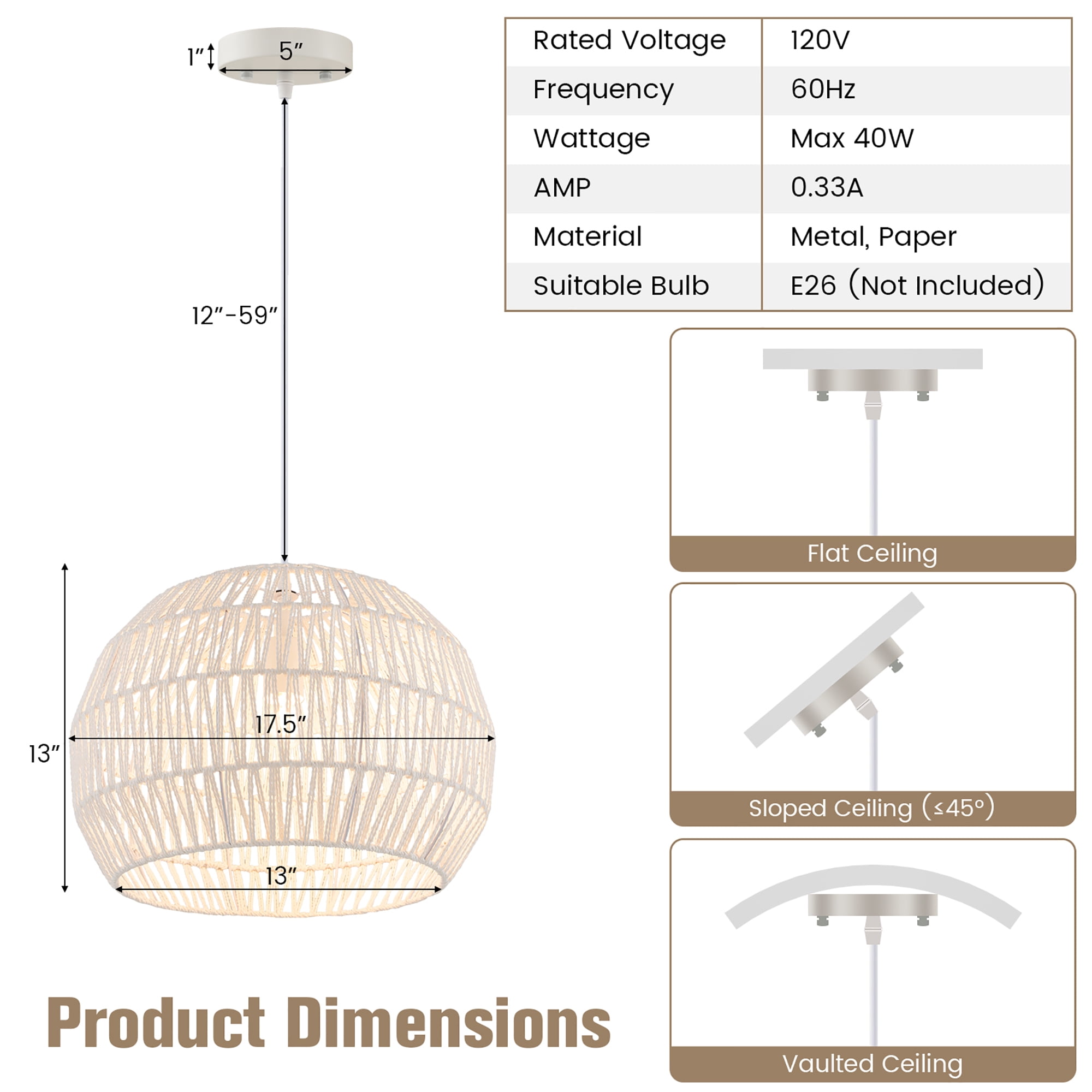 Costway 17.5'' Round Paper Pendant Ceiling Light Fixture with Adjustable Hanging Rope
