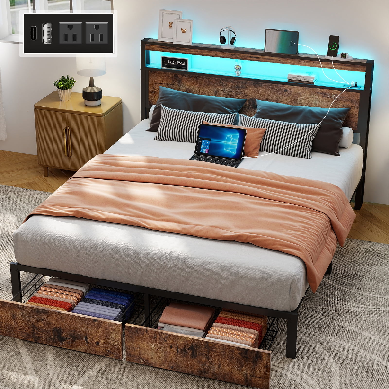 DRNANLIT Queen Bed Frame with 2-Tier Storage Headboard, Metal Bed Frame with 2 Drawers & Built-in Charging Station & LED, Noise-Free, No Box Spring Needed, Easy Assembly,Brown