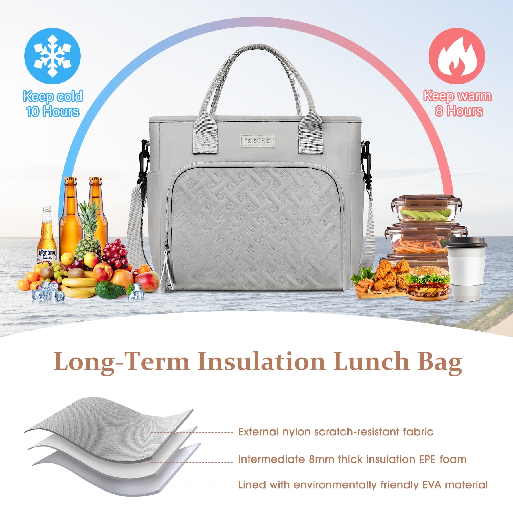 CshidWorld Insulated Lunch Bag for Men & Women - 18L Large Capacity Lunch Box for Work,Office ,Picnic, Hiking, Beach, Thermal Cooler Tote w/ Adjustable Strap, Pockets, Classic Plaid Design, Gray