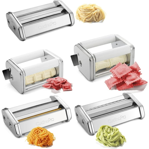 CucinaPro Pasta Maker Accessory Set- 5 Different Cutter Attachments - Compatible w Atlas Pasta Machine - Cook Homemade Italian Noodles, Spaghetti, Fettuccini, Angel Hair, or Raviolis- Kitchen Gift