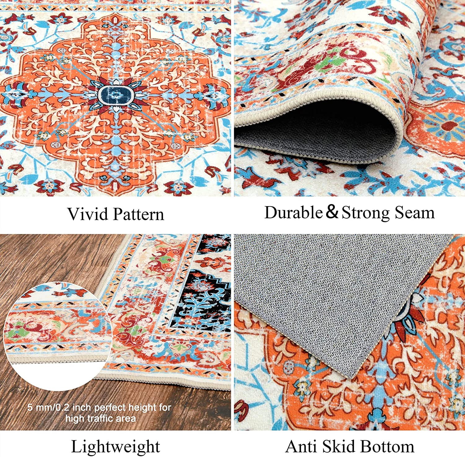 Findosom 2'x8' Vintage Boho Runner Rug Washable Non-slip Area Rug,Hallway Indoor Farmhouse Bedroom Kitchen Living Room Non Shedding Runner, Contemporary Low Plie Floor Carpet Doormat,Orange