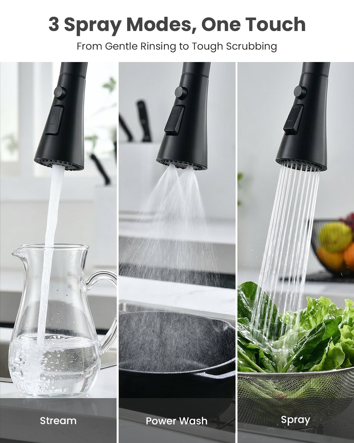 DAYONE Matte Black 3 Hole Kitchen Faucet with Separate Handle and Pull Down Sprayer, 2 Handle Sink Faucets for Kitchen RV Laundry Bar