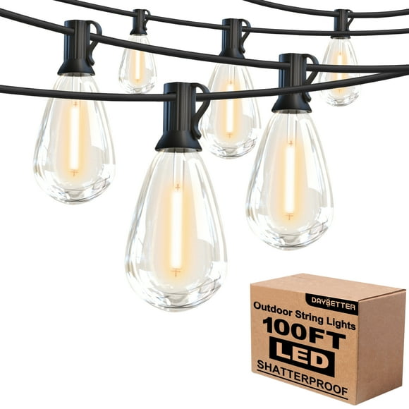 DAYBETTER 100ft LED Outdoor String Lights, E12 S14 Waterproof Shatterproof Patio Bulbs, Dimmable Hanging Light Strings for Yard