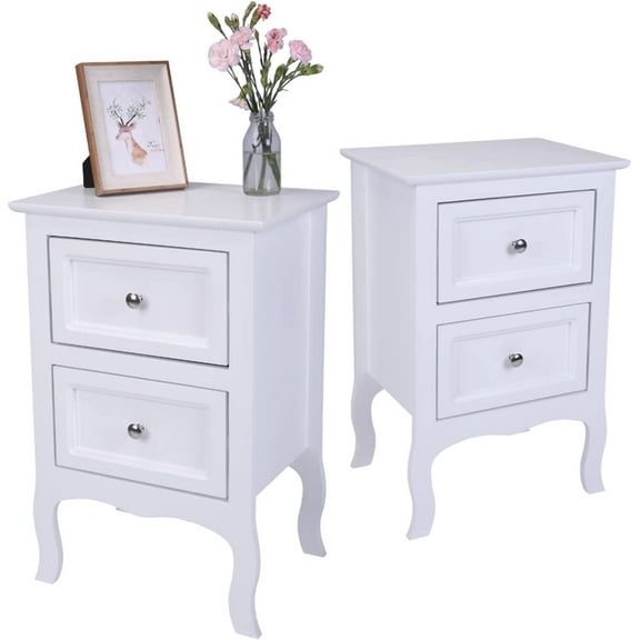 VERYKE White Nightstand Set of 2 with 2 Drawers Small Bed Side Cabinet Storage with Metal Handle Farmhouse Night Stands for Small Spaces,Living Room,Bedroom