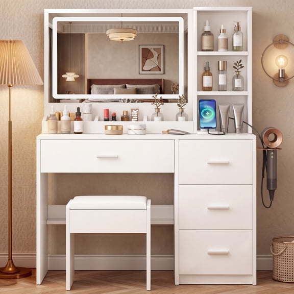 Vanity Desk with Mirror and Lights, White Makeup Vanity Mirror with 4 Drawers & Benches Vanity Desk, 3 Color Lighting Modes Adjustable Brightness Vanity Desk Set for Bedroom,Bathroom