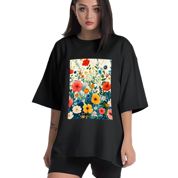 Plus Size Shirt for Women Black Tops for Women Short Sleeves Shirt for Women Flowers (2) T Shirt Crewneck Shirt for Women XS