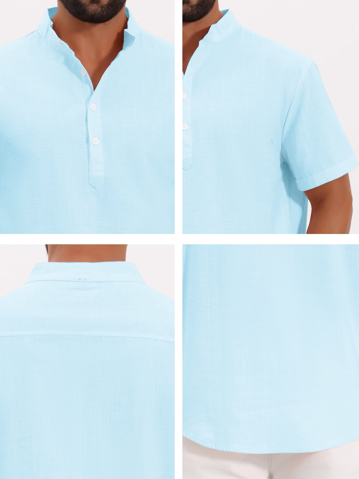DARING DIVA Men's Solid Color Stand Collar Short Sleeve Henley Shirts M Light Blue