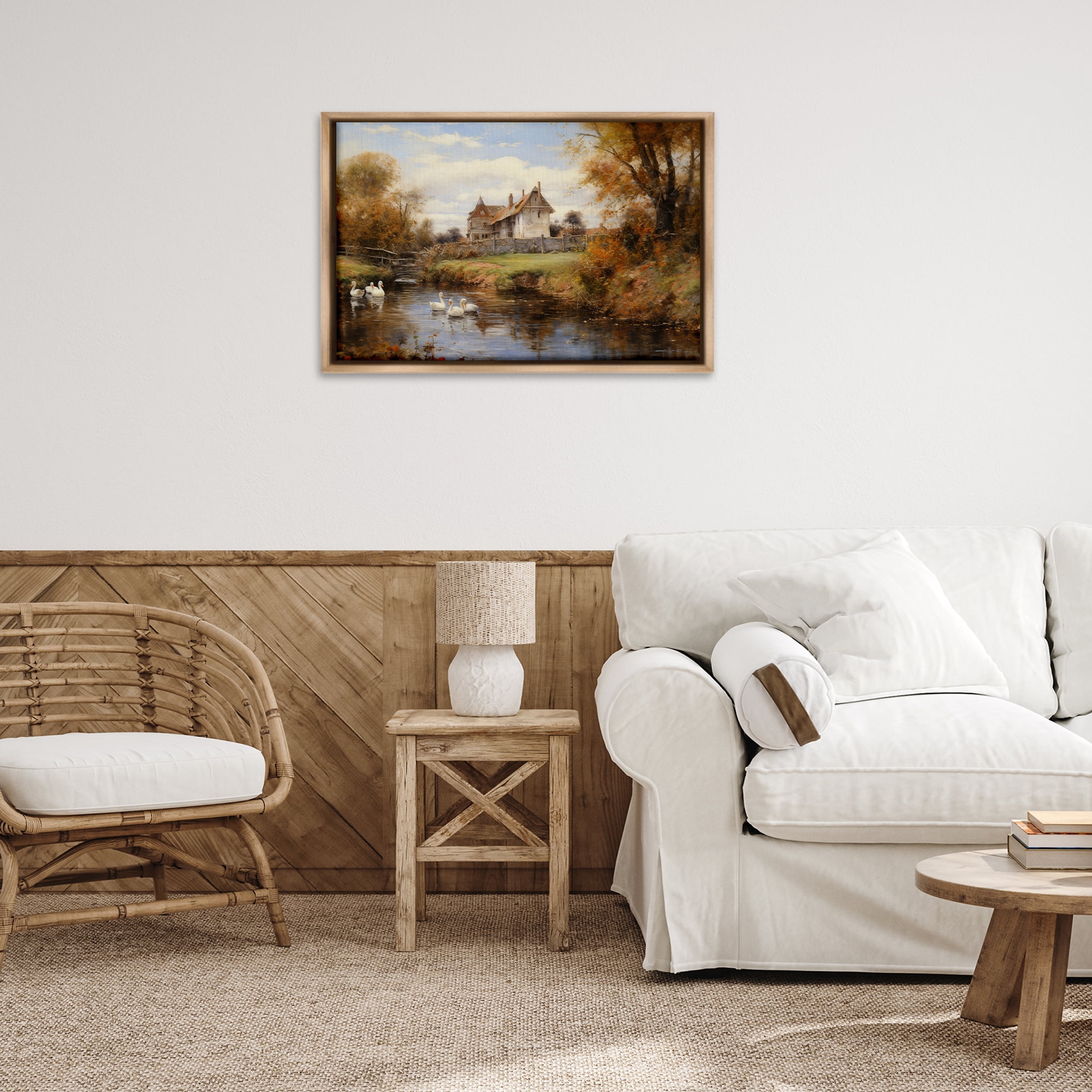 Stupell Industries Ducks in Cottage River Landscape & Nature Painting Brown Floater Framed Canvas Art Print Wall Art, 31 x 21