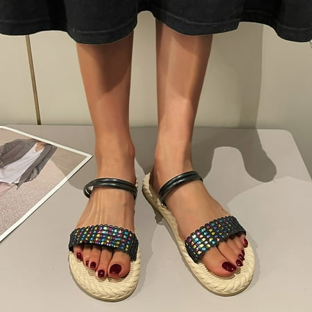 

bvgfsahne Ladies Summer Fashion Straw Plaid Colorful Fresh Beach Outside Wear Two Wear Large Size Sandals Slippers
