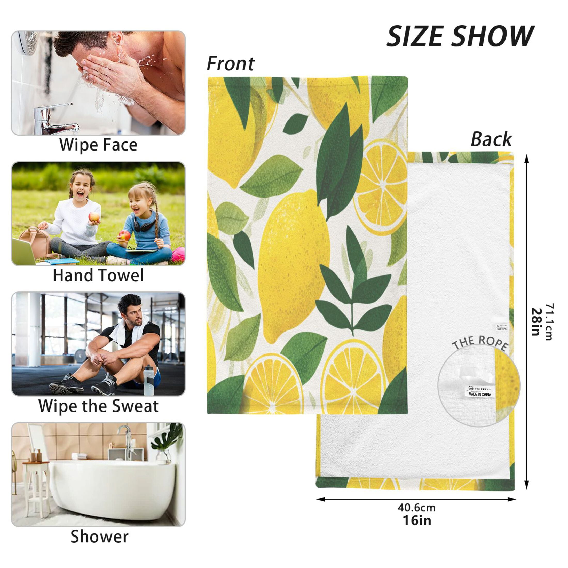 2 Pieces of Cotton Towel Face Towel Set Hand Towel Bath Towel Cotton Bath Towel Sets Yellow Lemon Pattern