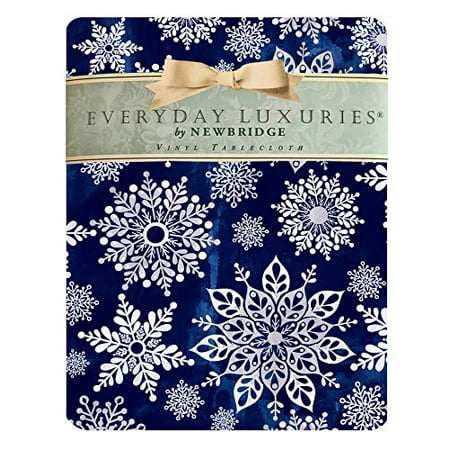 

Newbridge Winter Sparkle Snowflake Navy and Silver Vinyl Flannel Backed Tablecloth - Navy Glitter Snowflake Print Wipe Clean Easy Care Holiday Tablecloth 70 Round Navy/Silver
