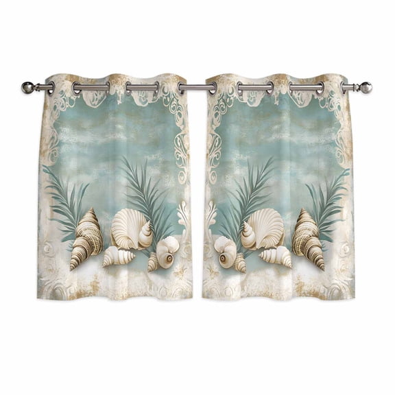 Teal Coastal Kitchen Curtains Short 45 Inch Length, Vintage Ocean Beach Shell Nautical Grommet Top Bedroom Living Room Curtains, Light Filtering Cafe Curtain Drapes 2 Panels Set 84''x45''