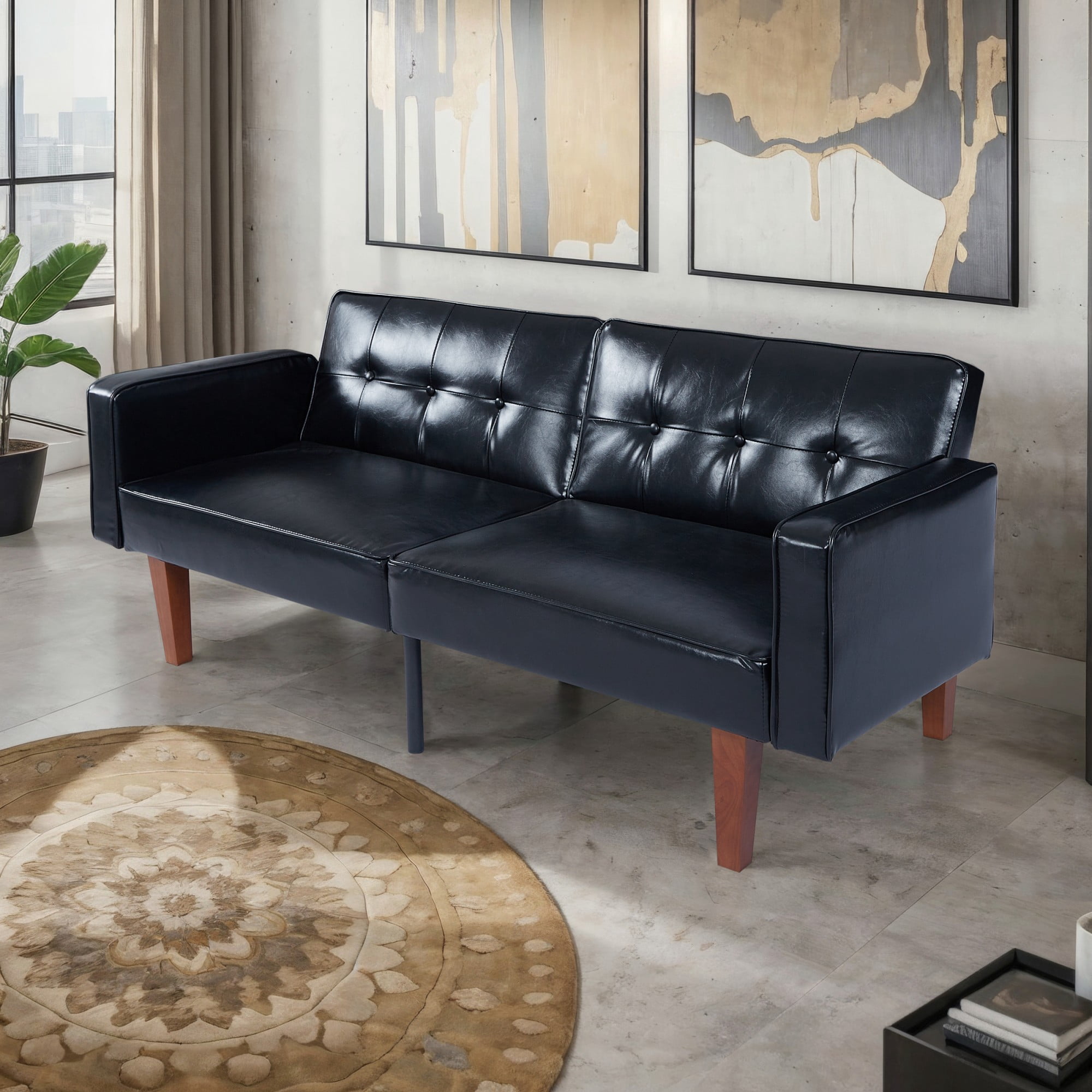 BSHTI 68.11" PU Convertible Sofa Bed with Adjustable 3-Position Backrest, Button-Tufted Split Back for Living Room/Office(Black)