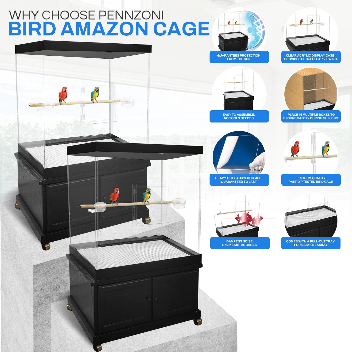 PENNZONI Large Bird Cage for Macaws & Parrots,Clear Acrylic Cage, Glossy Oak Base w/ Decorative Top