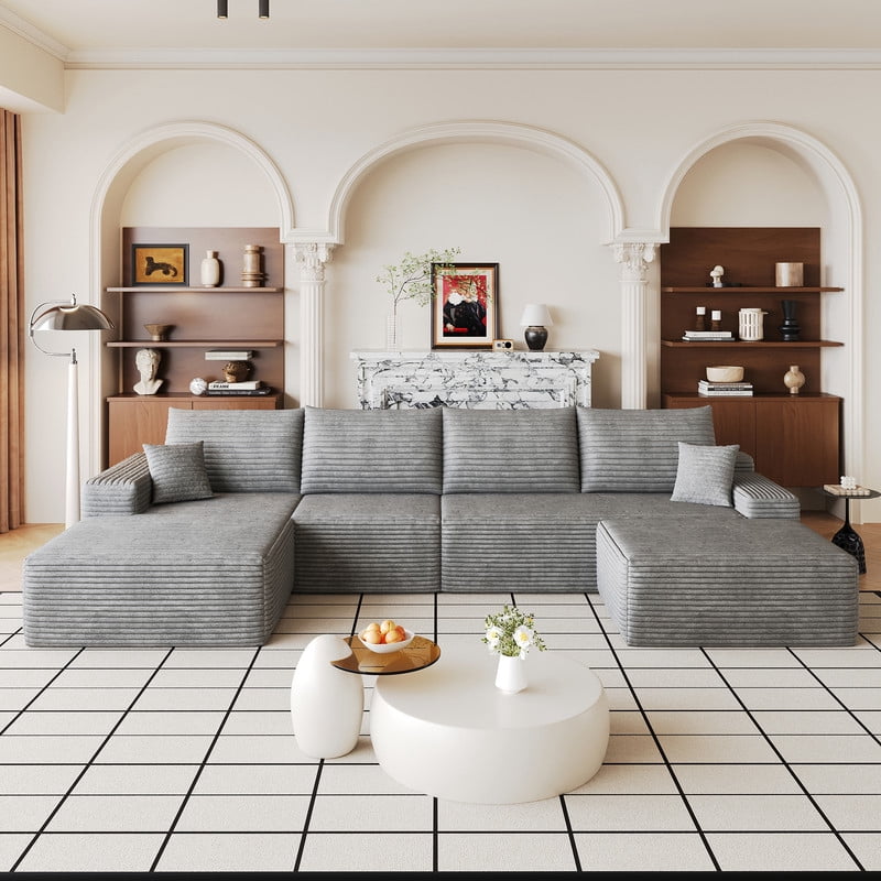 135" Cloud Sectional Sofa with Ottoman, U-Shaped Modular Sofa Couch with Chaise, Modern Minimalist Deep Seat Upholstered Sectional for Living Room, Plush Corduroy Fabric Corner Sofa