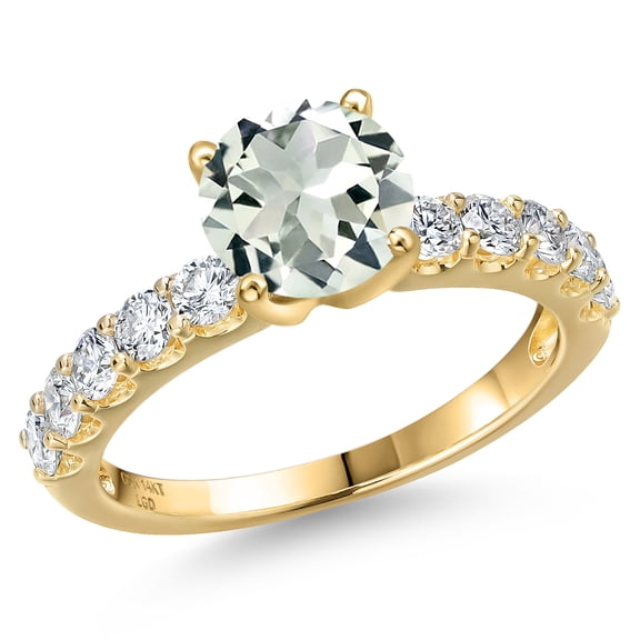 Gem Stone King 14K Yellow Gold Green Prasiolite and Lab Grown Diamond Engagement Ring for Women | 1.75 Cttw | Round 7MM | Gemstone Birthstone | Size 8