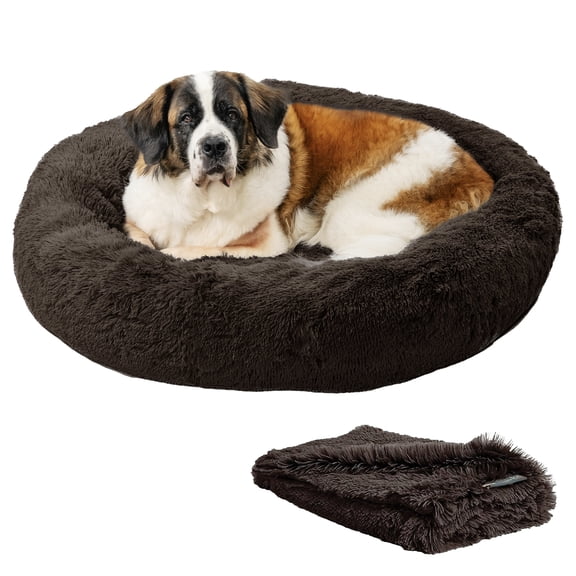 Open Box Best Friends by Sheri Bundle Set The Original Calming Shag Donut Cuddler Cat and Dog Bed + Pet Throw Blanket, Dark Chocolate, Extra Large, 45x45