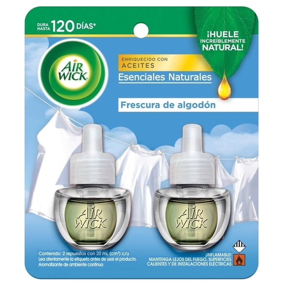 Aromatizante de Ambiente Continuo Air Wick Frescura de Algodón 2 repuestos 20 ml c/u.