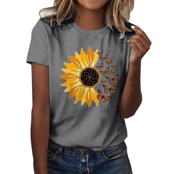 T Shirts For Women Womens Tops Sunflower Printed O Neck T Shirt Loose Fit Floral Printed Tee Shirt Clothing