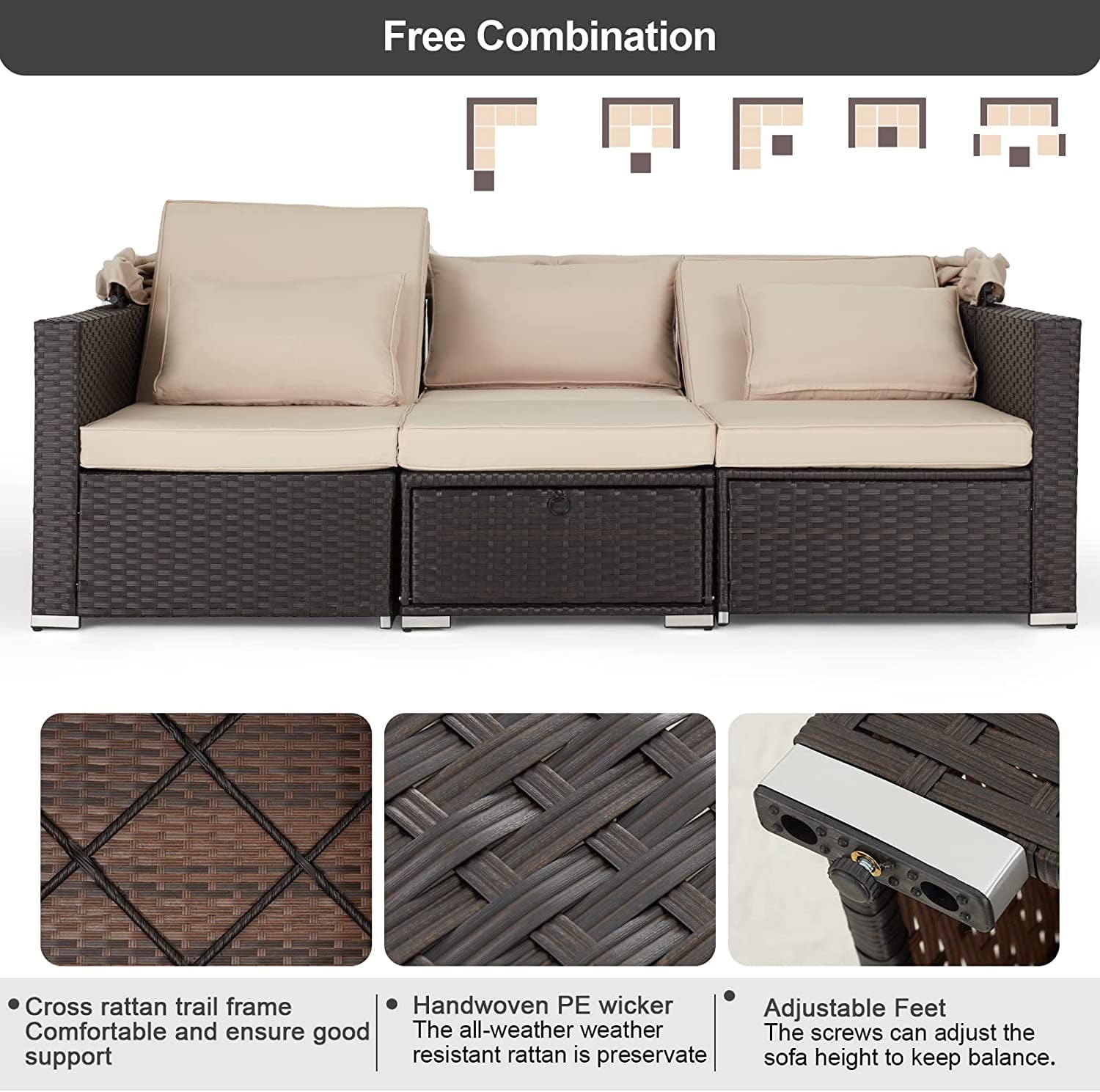 Vicluke 6 Pieces Patio Furniture Sets Outdoor Rattan Daybed, Rectangle Sunbed for Backyard (Khaki)