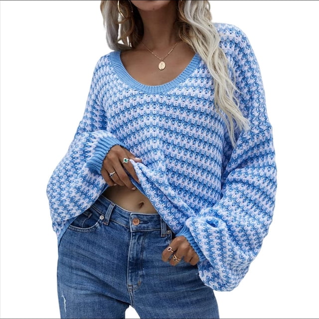 Suéter Holgado de Cuello Redondo, Larga, Hombros Descubiertos, Tejido Liso, para Mujer, para Otoño. Azul XL