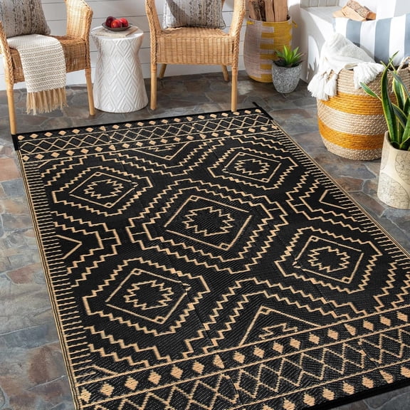 Outdoor Rug 5x8 Reversible Plastic Straw Rug for Patio Clearance, Moroccan Outside Area Rug RV Rug for Camping, Indoor Outdoor Portable Mat for Balcony Porch (Black & Brown,5'x8')