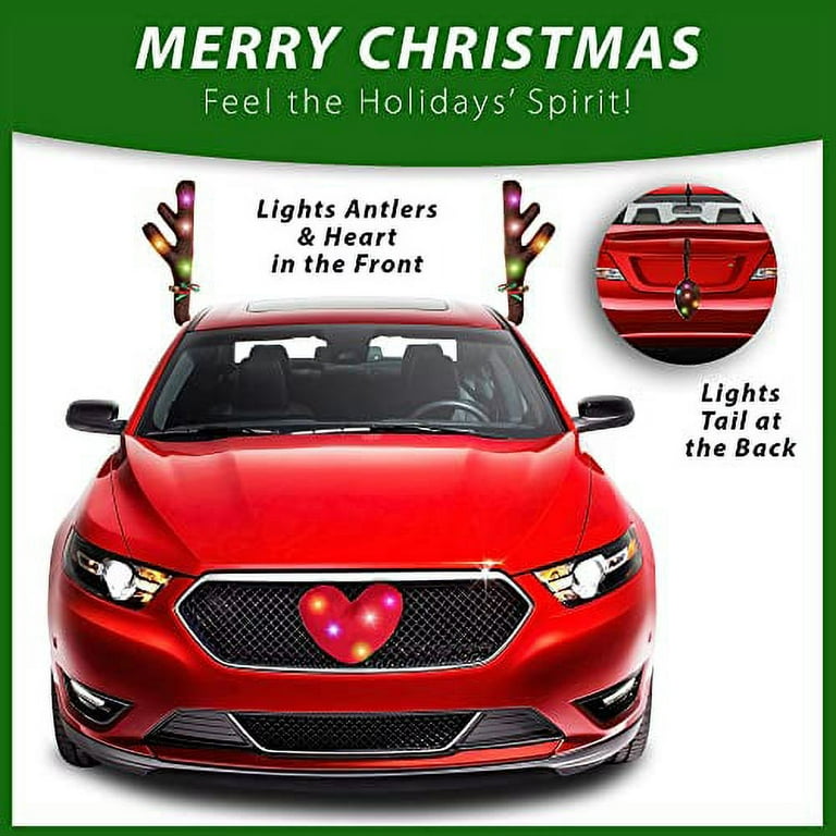 Zone Tech Christmas Car Reindeer Antlers Kit Reindeers Antlers, Heart Nose  and Tail with LED Lights and Bells, Car Decoration Set for Vehicle Window