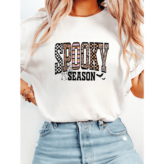 Retro Halloween Spooky Letter Print Tshirts Leopard Checkered Graphic Tees Short Sleeve Casual Tops Cotton Shirts for Daily Outfits White,S