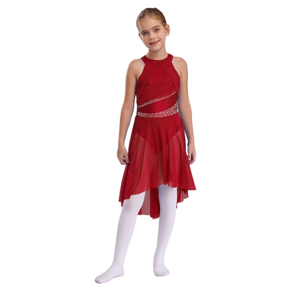 Raenseen Kids Girls Sleeveless Glitter Rhinestone Figure Skating Dress Lyrical Contemporary Dance Performance Dress Burgundy 6