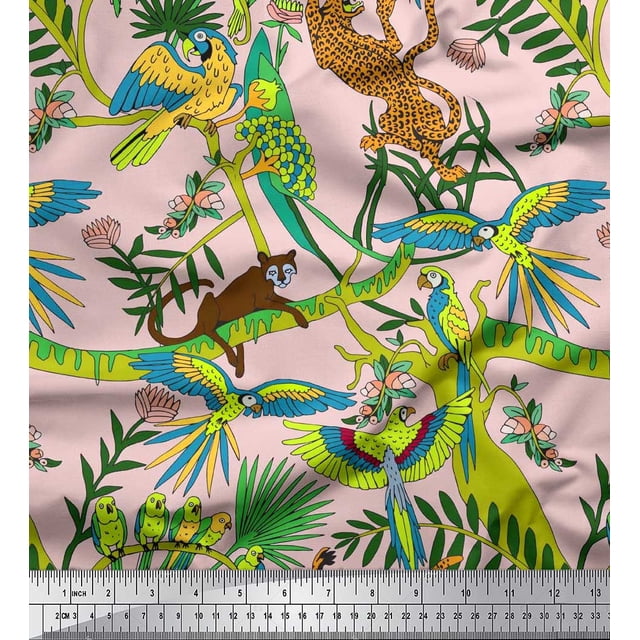 Soimoi Cotton Voile Fabric Branches,Parrot & Leopard Jungle Printed Fabric 1 Yard 56 Inch Wide