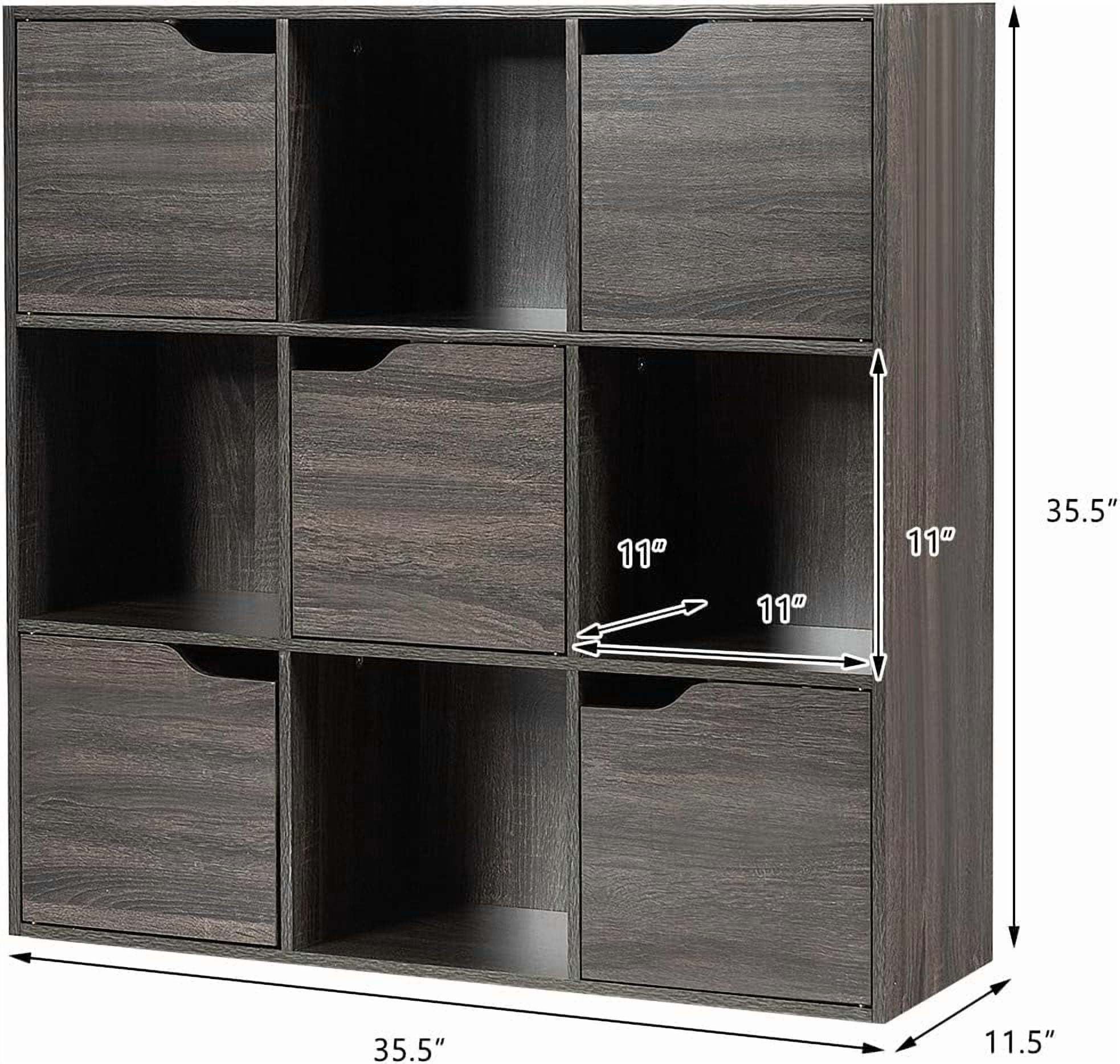 Favory 9-Cube Storage Organizer, Storage Cabinet with 4 Open Cubes and 5 Cabinets, Freestanding Wooden Cubby Bookcase, Compartment Units for Home Office, 3-Tier Bookshelf for Books,Grey