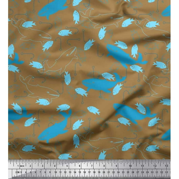 Soimoi Cotton Cambric Fabric Fishing Hook,Fish & Whale Ocean Printed Craft Fabric by The Yard 42 Inch Wide