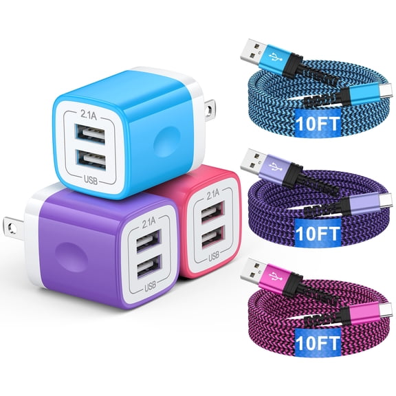 Fast Charging Block, 3 Pack USB Wall Charger with 10FT Type C Charging Cable USB C Cable, Dual Port Phone Charger, Android Charger Block USB Brick Charging Station USB Charger Block[Multicolor]