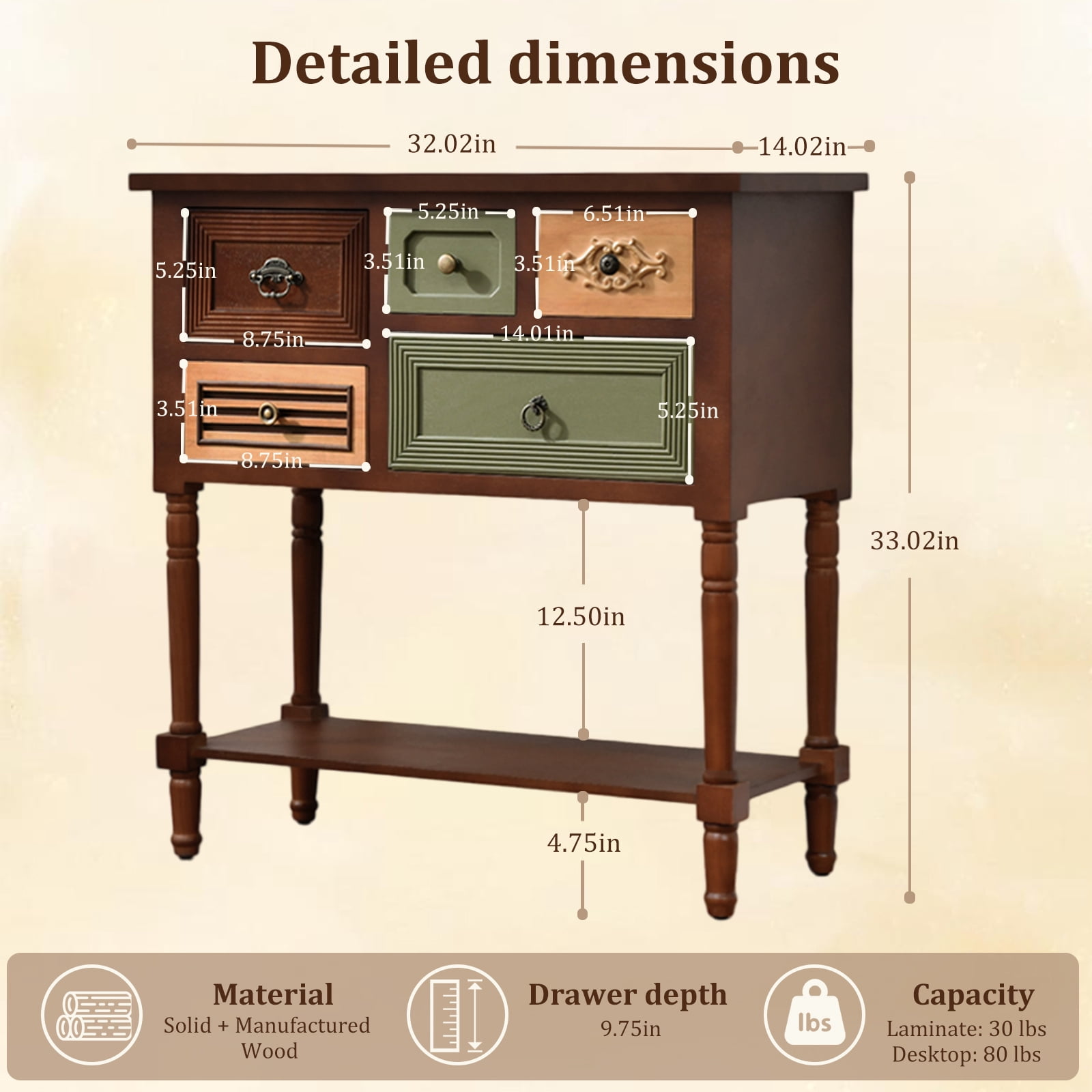 Ahokua Vintage Console Table with Multi-Design Drawers, Open Shelf, Decorative Storage for Entryway and Living Room