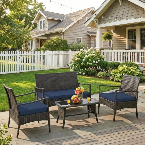 Aimee Lii 4 Pieces Rattan Conversation Set, Patio Table and Chairs Set, Outdoor Patio Set with Tempered Glass Coffee Table, Navy