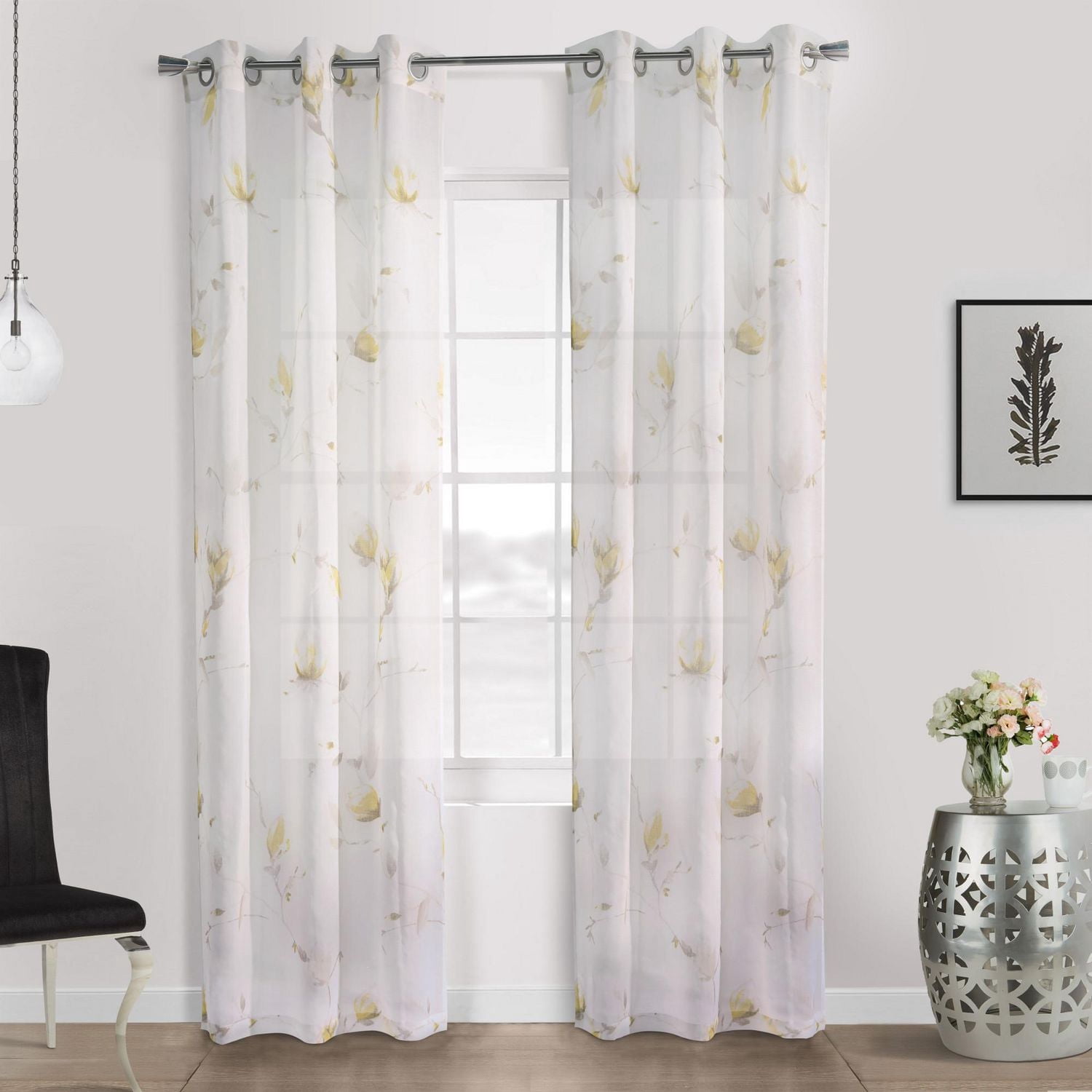 Loft Living Synergy, panneau de rideau à oeillets faux lin diaphane imprimé floral 52" x 63