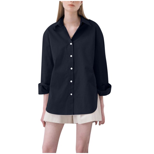 Bowake Button down Shirt for Women Lapel Long Sleeve Oversized Work Office Blouse Casual Solid Color Fall Tops